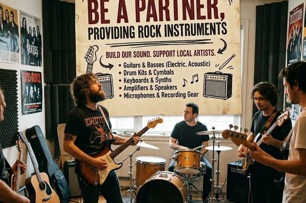 A band playing beneath an Amplify Schools partner banner about providing rock instruments
