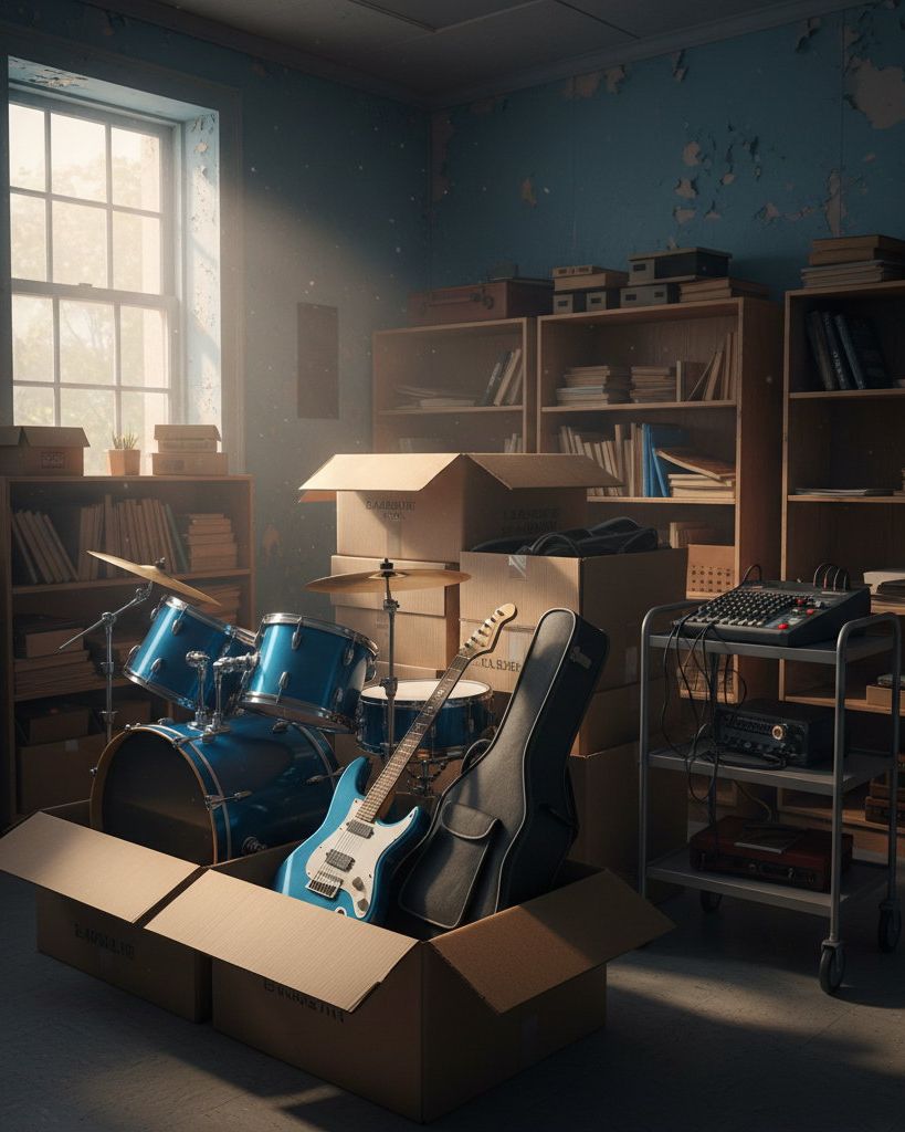 Donated guitars and drums being unboxed in a workshop