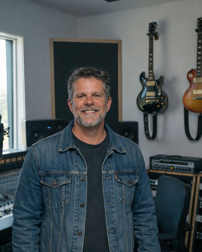 Hylton Harris in a music studio with guitars on the wall