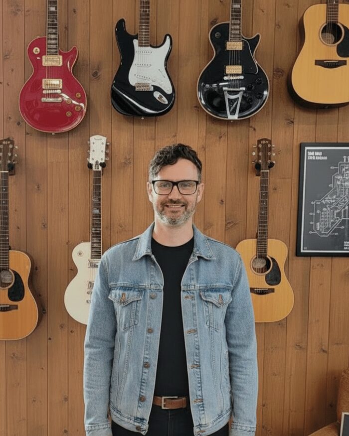 Matthew Rowan standing in front of a wall of guitars