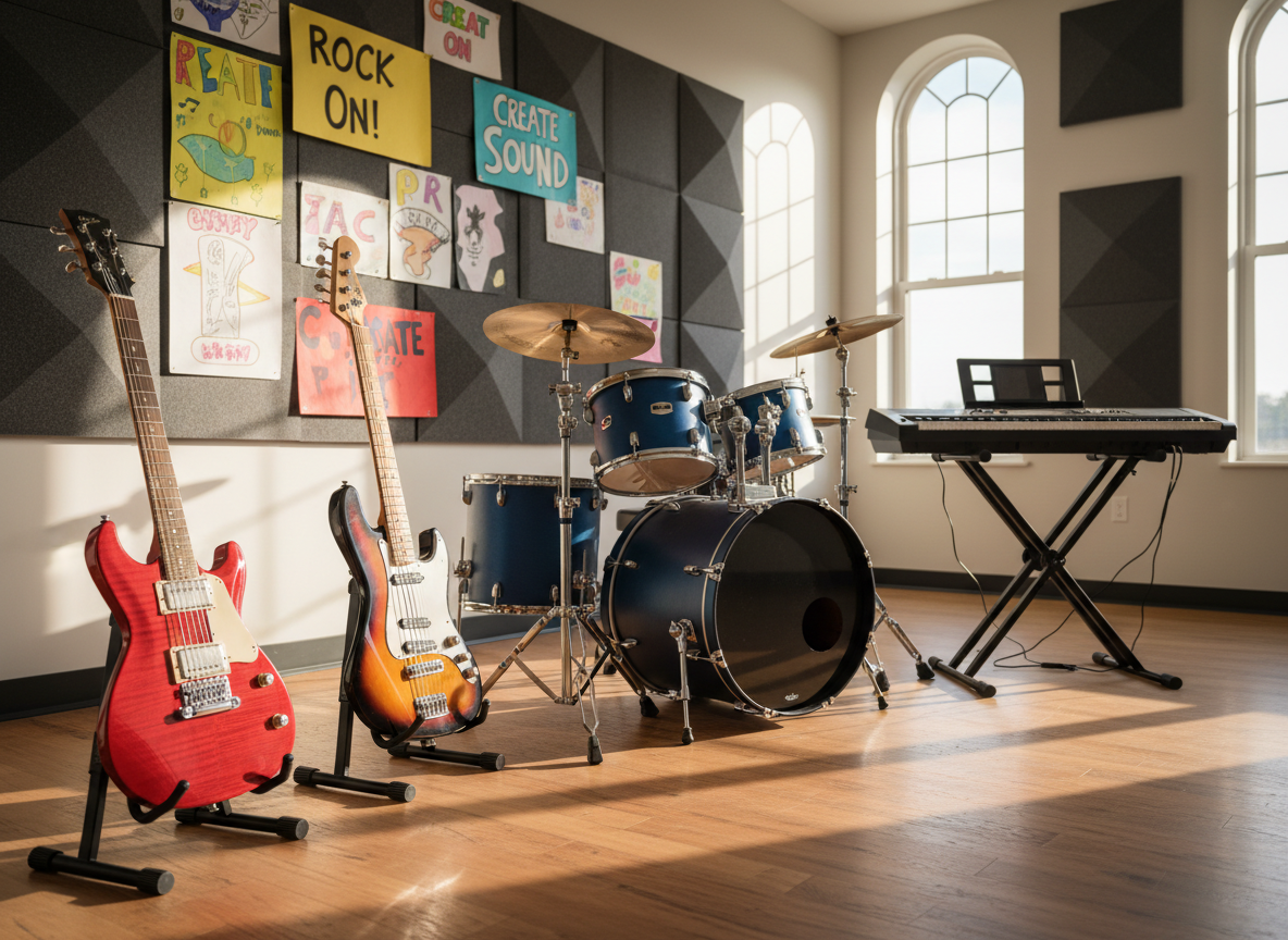 A row of gleaming rock instruments arranged on sturdy black stands in a bright, modern school music room. A metallic red electric guitar with chrome hardware, a sunburst bass, a midnight-blue drum kit with shimmering cymbals, and a compact digital keyboard sit against a wall lined with acoustic foam panels and colorful student-made music posters. Late-afternoon sunlight pours through tall windows, creating sharp highlights on polished finishes and dramatic shadows on the hardwood floor. Shot at eye level with photographic realism, the foreground instruments are in crisp focus while the background gradually softens, creating a bold, energetic atmosphere that celebrates access to real rock instruments in an authentic educational setting.
